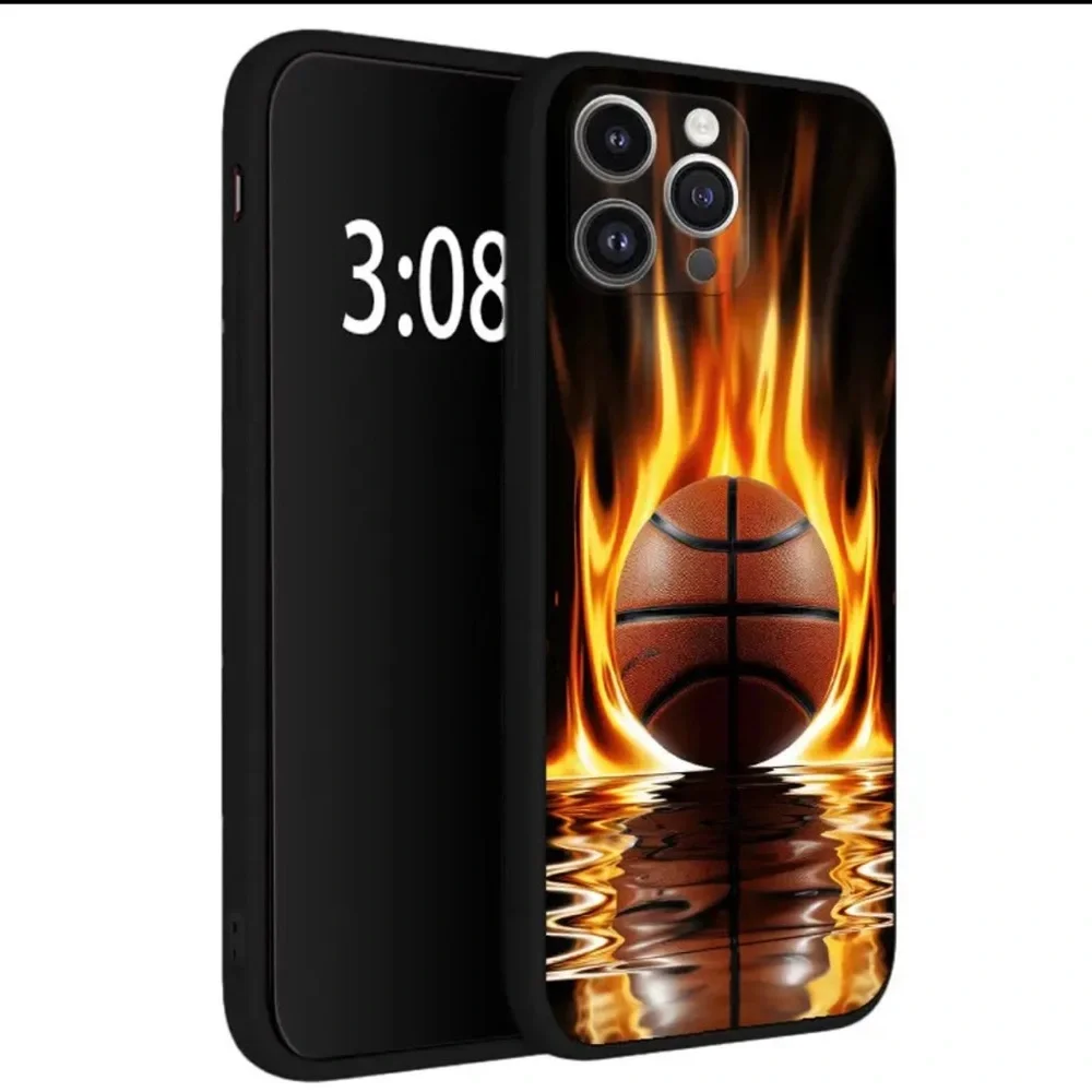Apple iPhone Phone Case Black TPU Basketball with Flames